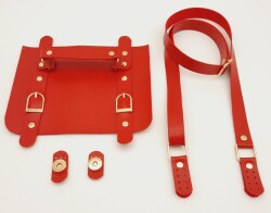 Angel Çanta Aksesuar Suni Deri Çift Tokalı Ayarlı Saplı Kırmızı Renk Çanta Deri Seti Light Gold Metalli - 2