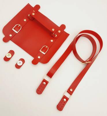 Angel Çanta Aksesuar Suni Deri Çift Tokalı Ayarlı Saplı Kırmızı Renk Çanta Deri Seti Light Gold Metalli - 3