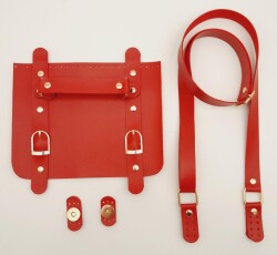 Angel Çanta Aksesuar Suni Deri Çift Tokalı Ayarlı Saplı Kırmızı Renk Çanta Deri Seti Light Gold Metalli - Angel Çanta Aksesuar