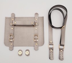 Angel Çanta Aksesuar Suni Deri Çift Tokalı Ayarlı Saplı Parlak Gri Renk Çanta Deri Seti Light Gold Metalli - 1