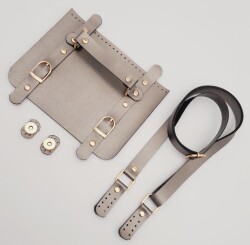 Angel Çanta Aksesuar Suni Deri Çift Tokalı Ayarlı Saplı Parlak Gri Renk Çanta Deri Seti Light Gold Metalli - 3