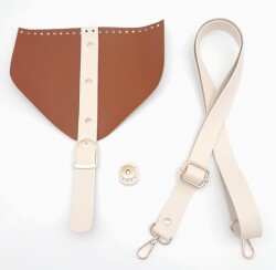 Angel Çanta Aksesuar Taba Renk Krem Şeritli Suni Deri Çanta Seti Light Gold Metalli - Angel Çanta Aksesuar