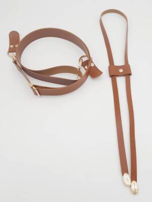 Angel Çanta Aksesuar Taba Suni Deri 120X2.4 Cm Ayarlı Çanta Saplı Büzgülü Set Light Gold Metal - 1