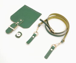 Angel Çanta Aksesuar Yeşil Gerçek Deri 130x1.5 cm Ayarlı Saplı Çanta Seti Light Gold Metalli - 3