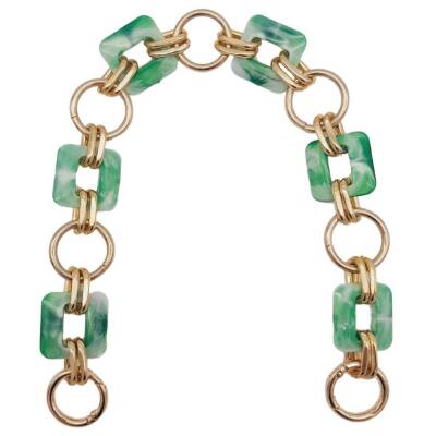 Angel Çanta Aksesuar 40 cm Kare Akrilik Yaylı Halkalı Çanta Zinciri Yeşil Renk Light Gold Metalli - 1