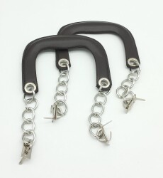 Angel Çanta Aksesuar Kahverengi Suni Deri Kapsüllü Tutma Sapı Zincirli Gümüş Metalli - Angel Çanta Aksesuar