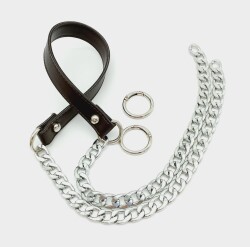 Angel Çanta Aksesuar Suni Deri Dikişli Gümüş Zincirli Kahverengi Çanta Sapı - Angel Çanta Aksesuar