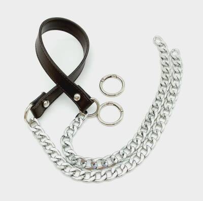 Angel Çanta Aksesuar Suni Deri Dikişli Gümüş Zincirli Kahverengi Çanta Sapı - 1