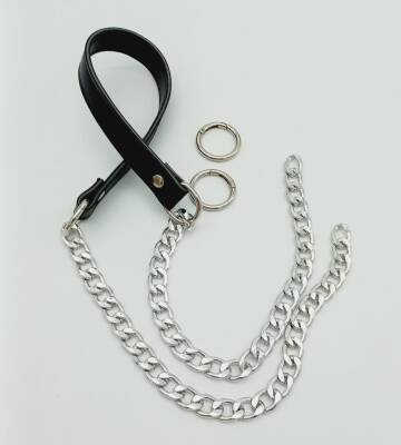 Angel Çanta Aksesuar Suni Deri Dikişli Gümüş Zincirli Siyah Renk Çanta Sapı - 1