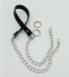 Angel Çanta Aksesuar Suni Deri Dikişli Gümüş Zincirli Siyah Renk Çanta Sapı - Angel Çanta Aksesuar