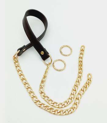 Angel Çanta Aksesuar Suni Deri Dikişli Kahverengi Light Gold Zincirli Çanta Sapı - 1