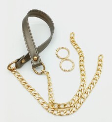 Angel Çanta Aksesuar Suni Deri Dikişli Parlak Gri Renk Light Gold Zincirli Çanta Sapı - Angel Çanta Aksesuar