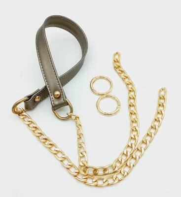 Angel Çanta Aksesuar Suni Deri Dikişli Parlak Gri Renk Light Gold Zincirli Çanta Sapı - 1