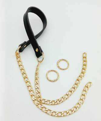 Angel Çanta Aksesuar Suni Deri Dikişli Siyah Renk Light Gold Zincirli Çanta Sapı - 1