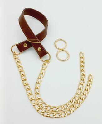 Angel Çanta Aksesuar Suni Deri Dikişli Taba Renk Light Gold Zincirli Çanta Sapı - 1